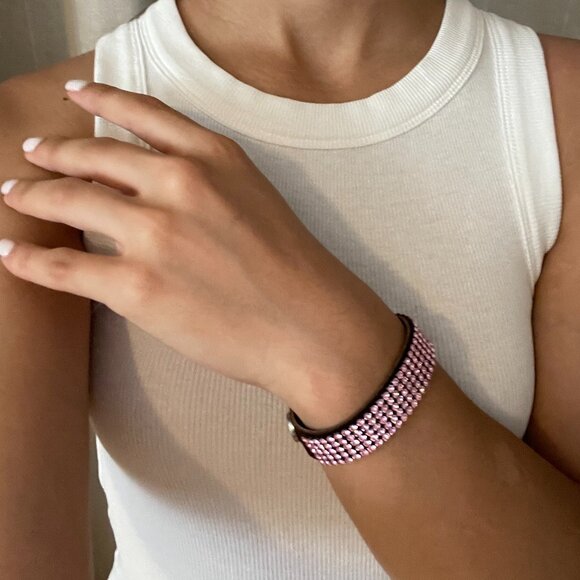 Swarovski Pink Crystal Stud leather strap bracelet - snap closure - - Picture 2 of 6